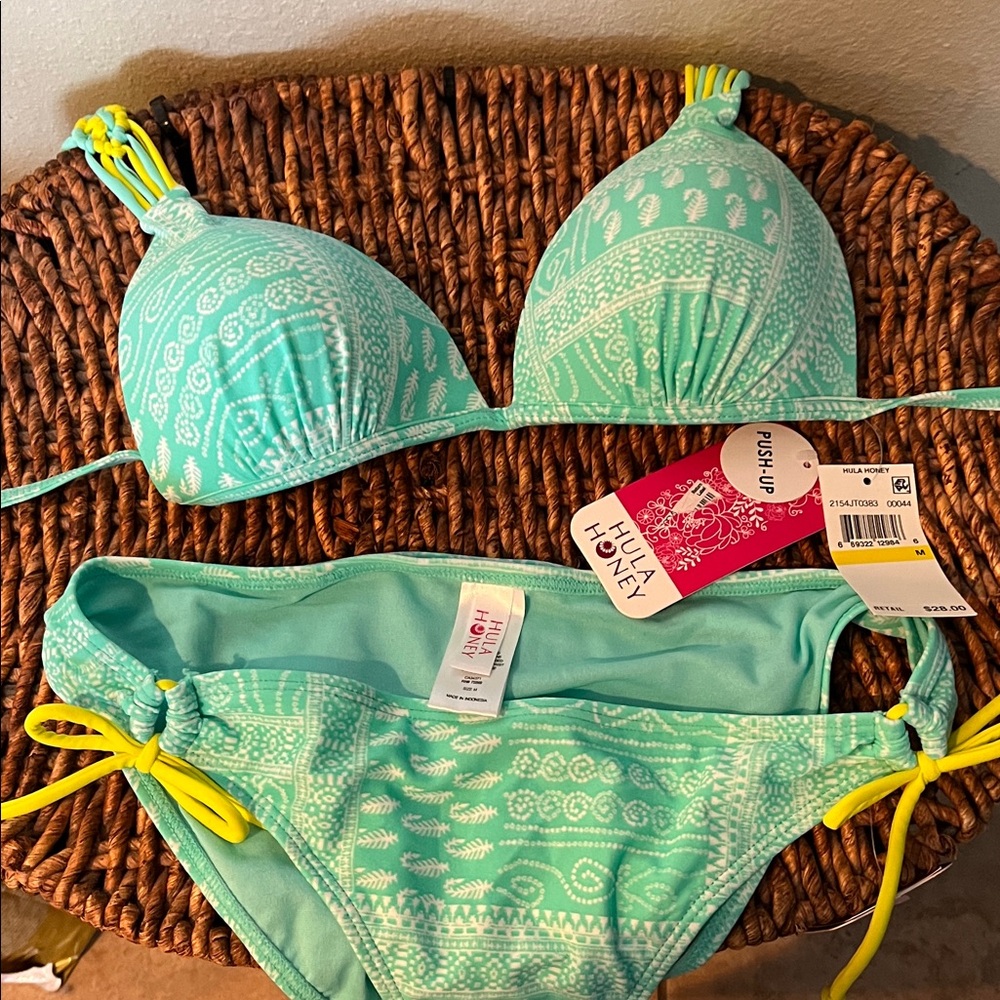 Hula Honey Green Bikini with Yellow Ties on sides size M push up bra top size M